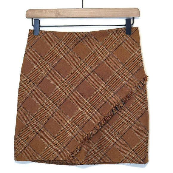 Free People Plaid Tweed Brown Mini Skirt Fringe Boho Preppy Fall Size 0 - Picture 1 of 9